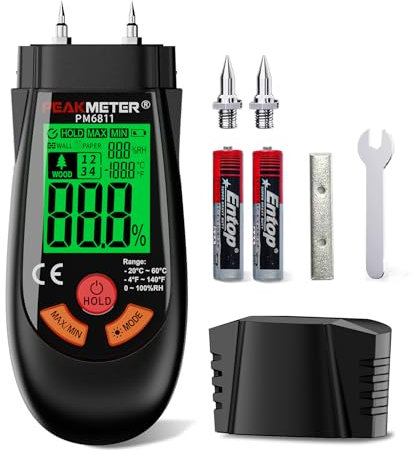 Testeur Humidité,dispose d'une nouvelle fonction de température et d'humidité (8 modes), qui permet de mesurer rapidement la teneur en humidité du bois et des matériaux de construction.