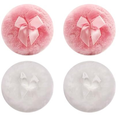 Lot de 4 grandes houppettes moelleuses blanches et roses pour le corps et le visage - Tampons ronds pour poudre libre - Éponge de maquillage avec nœud en ruban