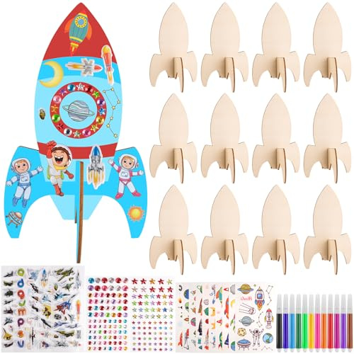 HGRGHH Fusée en Bois pour Enfant - 12 Pièces, Décoration et Bricolage, Activité Manuelle Loisir Créatif pour Garçon Fille, Decoration Anniversaire