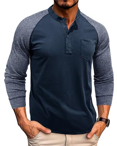 RQPYQF Camiseta Henley Hombre Deportivas Camiseta de Manga Larga Casual Camisa Henley de Manga Larga para Hombres CS44 (Azul Real, L)