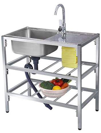 Ausgussbecken Edelstahl Spültisch, Freistehende Spüle Waschbecken Küche Spülenschrank Camping Spülbecken Mit Spüle Und Armatur, Outdoor Mobiles Utility Spülschrank Spüle Mit Armatur Set(29.5*15.7*29.5