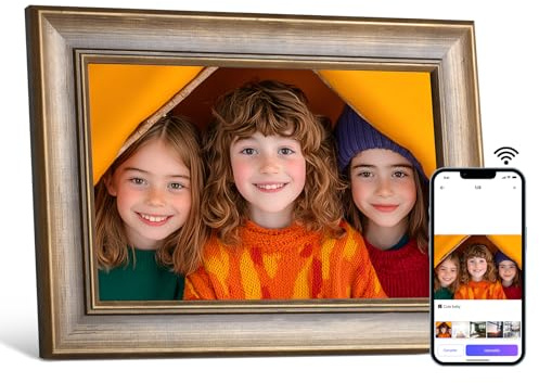 Marco de Fotos Digital WiFi Marco Digital de Foto de 10 Plgadas, IPS HD Pantalla Táctil, Smart Madera Marco para Fotos Electronico de 16GB Memoria, Auto-Rotación, Comparte Fotos/Videos Via App