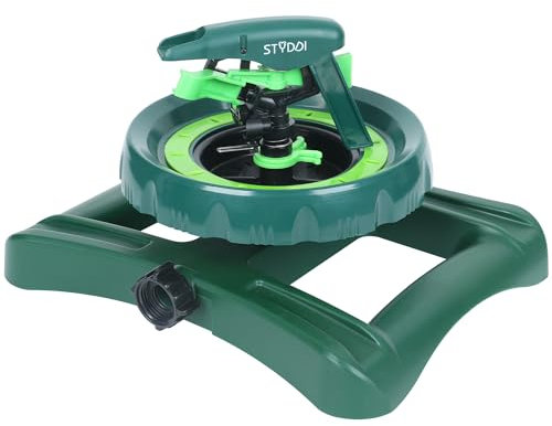 STYDDI Aspersor de impulso de patrón para patios medianos a grandes, aspersor de césped de impacto de contorno ajustable, aspersor de jardín giratorio de agua con base de peso, cubre hasta 5,800 pies
