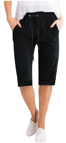 KUIH 3/4 Length Shorts for Women UK Clearance Turned Hem Knee Length Bermuda Shorts Elastic Wasit Sports Tracksuit Bottoms Jogger Ladies Cotton Linen Capri Pants with Pockets
