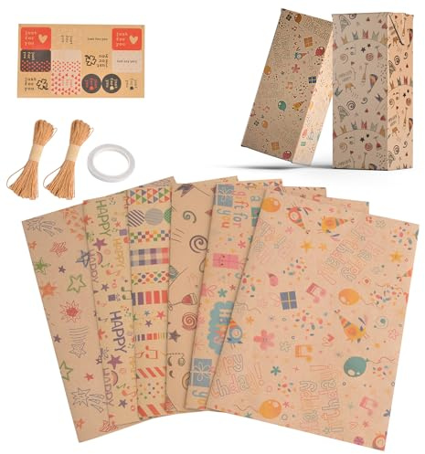 Lot de 6 feuilles de papier cadeau de qualité supérieure - Papier kraft 50 x 70 cm avec motif notes de musique - Papier d'emballage pour anniversaire, mariage et jours de fête - Avec cordon
