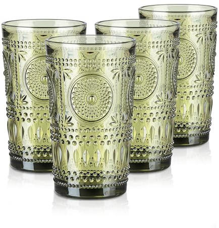 Joeyan 40cl Bicchieri da Acqua in Vetro Colorati,Set di 4 Verde Tumbler alto con Girasole Floreale Rilievo,Design Vintage, Per Whisky,Cocktail,Birra,Succo,Tè,Vino e Bibite, Lavabile in Lavastoviglie