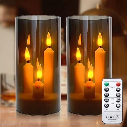 SENLINLIN Set di 2 Candele LED Senza Fiamma con Telecomando e Timer, Candele a 3 Stoppini in Acrilico Grigio, Candele Decorative a Batteria per Matrimonio, Casa, Tavolo e Atmosfera Romantica