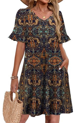 Zeagoo Womens T Shirt Dress A Line Knee Length Summer Dresses Boho Vacation Dresses Casual Loose V Neck Dress with Pockets Navy Blue-Bohemia XL