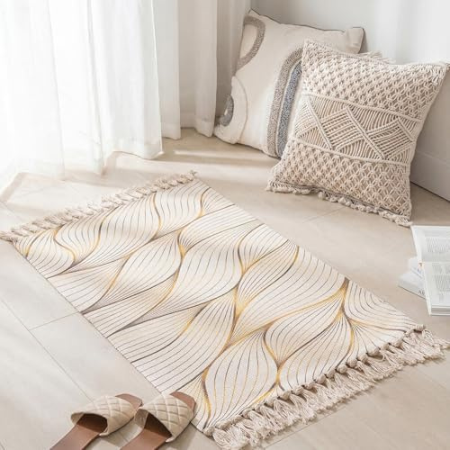 MORROWCAMP Tappeto boho piccolo, 58 x 88 cm, in cotone, lavabile, con nappe, per soggiorno, camera da letto, corridoio, tappeto in stile bohémien, tessuto a mano, onde dorate