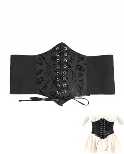 Luxorium Corsetto Donna Nero 1 Pezzo, Cintura Corsetto Elastica Larga con Lacci e Farfalle, Stile Retrò per Abito, Cosplay, Corsetto Pirata per Halloween