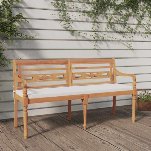 Drillkyn Batavia trädgårdsbänk 150 cm av massivt teak med kudde, armstöd och ryggstöd, väderbeständig sittbänk för terrass, balkong, gård, park och veranda