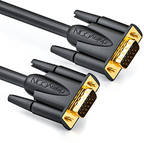 deleyCON 5m VGA Kabel 15-polig - S-VGA Monitorkabel D-Sub-Stecker 1080p Full HD 3-fach geschirmt Knickschutz vergoldete Kontakte - Schwarz