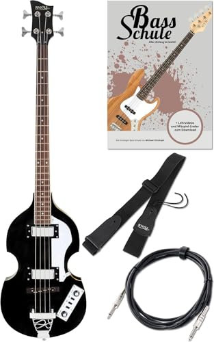 Rocktile VB-2 “Black Magic” Vintage Beatbass E-Bass Set - Hollow Body E-Bass im Violinbass-Design mit 2 Humbucker Pickups - inkl. Gitarrengurt, Kabel & E-Bass Schule - Schwarz