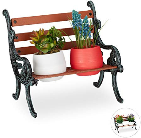 Relaxdays Mini Blumenbank, Gusseisen & Holz, Blumenständer für 2 Blumentöpfe, Ø 7,5 cm, Garten Deko, braun/grau-grün