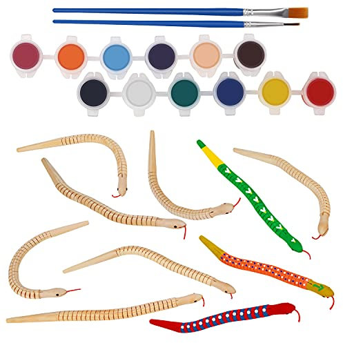 BELLE VOUS Natur Holztiere zum Bemalen Schlange Spielzeug (10Stk) - Blanko Schlangen Gelenkige Holzfiguren zum Bemalen mit Farbe & Pinsel - Bastelset Holz Tiere Halloween/Geburtstag, Basteln, Kinder