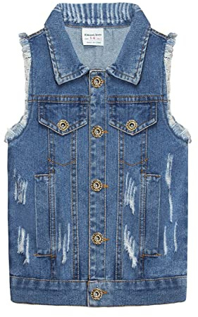 KIDSCOOL SPACE Chaleco de mezclilla para niños pequeños, Tops de chaleco de mezclilla rasgados para niños, azul, 11-12 años