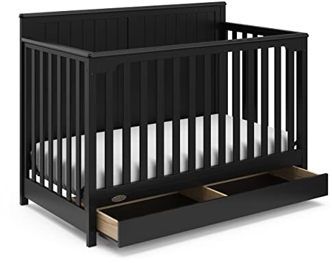 Graco Hadley 5-in-1 Convertible Crib with Drawer (Black) – Combo, Includes Full-Size Nursery Storage, Converts from Baby Crib to Toddler Bed, Daybed