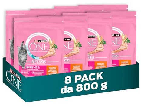 PURINA ONE Bifensis Junior Crocchette per Gatti Cuccioli con Pollo e Cereali Integrali 8 Sacchi da 800g