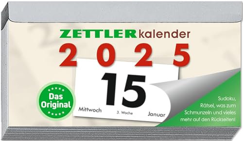 Zettler - Tagesabreißkalender 2025 Q, 10,9x5,9cm, Abreißkalender mit Sudokus, Sonnen- und Mondzeiten, Namenstage, hellgraue Patentklammer, mit Aufhängung und deutsches Kalendarium