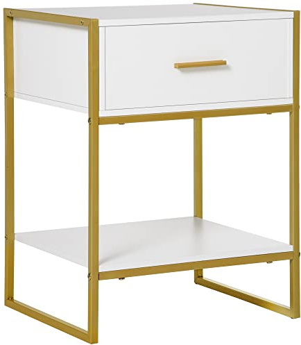 HOMCOM Table de Chevet, Table de Nuit, Table d'appoint, avec tiroir, étagère et poignée, Cadre en Acier, pour Salon, Chambre à Coucher, 45L x 40l x 60H cm, Blanc