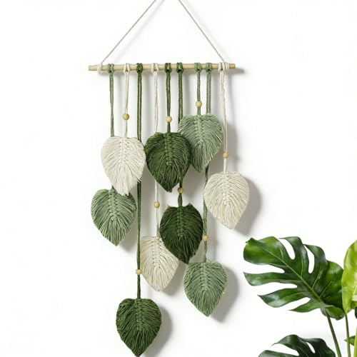 Avoik makramé vägghängande boho dekoration handgjord makramé gobeläng gröna blad gobeläng med träpärlor gobeläng för sovrum vardagsrum barnrum bröllop väggdekoration, 25 x 55 cm