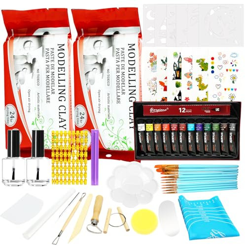 Ton Töpferset für Erwachsene und Kinder, um Töpfersets und DIY-Sets zu Hause zu machen, Enthält: luftgetrockneter Ton, Produktionswerkzeuge, Farbe, Pinsel, Aufkleber, Blumenmuster, Dichtstoffe