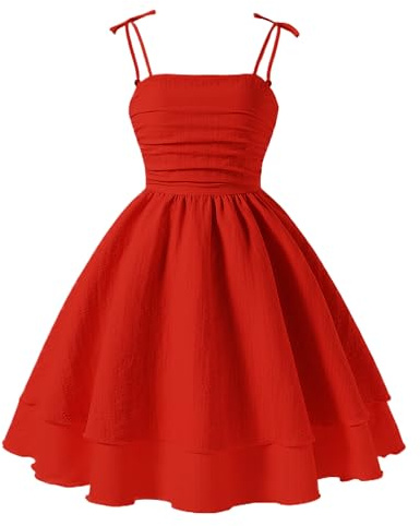 Adigau Robes sans Manches Filles Robe de Soirée Bretelle Spaghetti Robe d'été Réglable Épaule Nouée Rouge 11 Ans