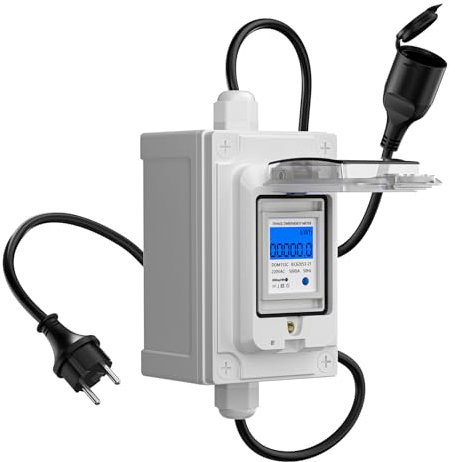 Compteur électrique numérique mobile GJCrafts 230 V, 60 A, CEE, extérieur, KWH, étanche IP67, prise industrielle, LED, avec réinitialisation, câble en caoutchouc (prise européenne)