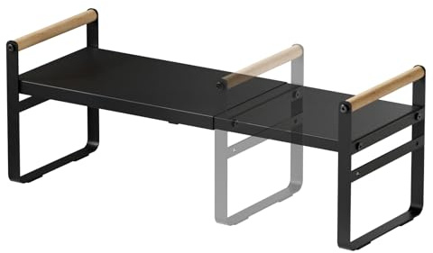 Thrarise Expandable Shelf Organiser, Countertop Kitchen Shelves,Riser for Pantry Kitchen Storage and Spice Rack， Fitted with Non-slip Pads, Adjustable 35-60cm (Black)