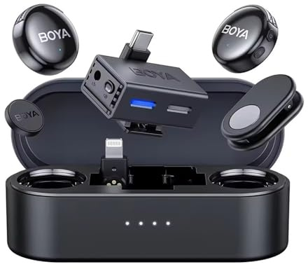 BOYA BOYALINK Lot de 3 mini microphones pour appareil photo/iPhone/Android, Lavalier sans fil avec IA, 30 heures d'autonomie, 300 m de portée pour Vlog, TikTok