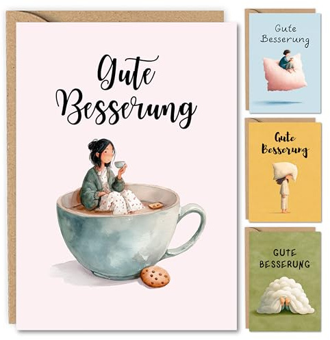 E&G Klass 'Good Bood' kort, set med 8 kort och 8 kuvert i kraftpappersoptik, 4 motiv vardera 2 stycken A6 kärleksfullt illustrerade tröstkort för vänner, familj, kollegor tillfriskning Made in Germany