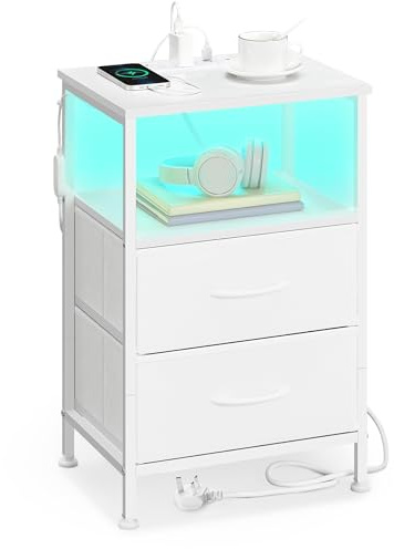 SONGMICS BELLAH Collection - Bedside Table with Charging Station, Side End Table with APP-Controlled Adjustable LED Lights, 1 Open Shelf and 2 Drawers, Bedroom, Cloud White and Snow White LGS302WH02