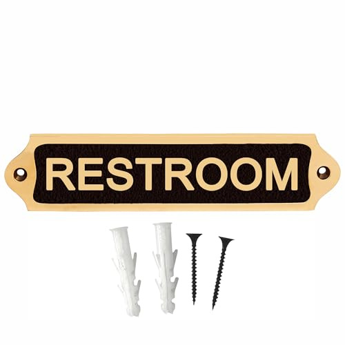 Brass & Black Restroom Door Sign Plaque with Raised Letters, 22 x 5 cm Wall Mount Bathroom Name Plate for Home, Office, Hotel, Restaurant, Cafe, School, Clinic & Commercial Buildings