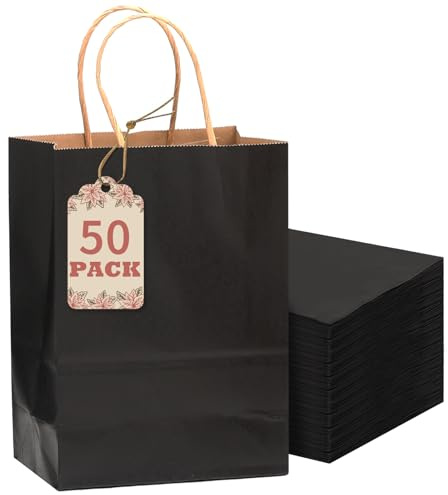 Gcardist 50-Packs Black Paper Gift Bags with Handles Bulk 8.3x6x3.15 Small Size Party Favor Bags Multiple Uses