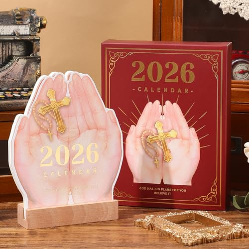 Desk Calendar 2026 Christian Hand Shape,Wooden Base Flip Calendar with 12 Monthly Bible Verses, Inspirational Gift for Home, Office Desk Decor, Scripture Study for Believers