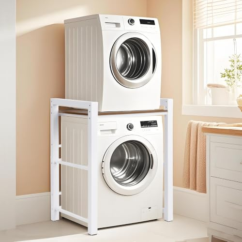 Meuble Machine à Laver et Seche Linge, Colonne Lave Linge Seche Linge, Superposition Lave Linge Seche Linge, 3 Hauteurs Réglables, Capacité Charge 300kg, pour Buanderie, Salle de Bain, Balcon, Blanc