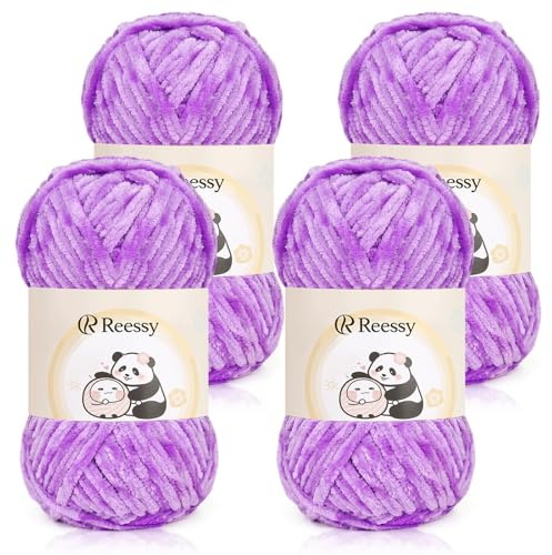 Reessy Chenille Yarn 400g, Super Soft Chunky Wool for Knitting-Purple | Thick Velvet Chenille Wool for Knitting 100g balls, Chunky Crochet Yarn for Crochet Blanket, Amigurumi, Handbag, DIY Crafts