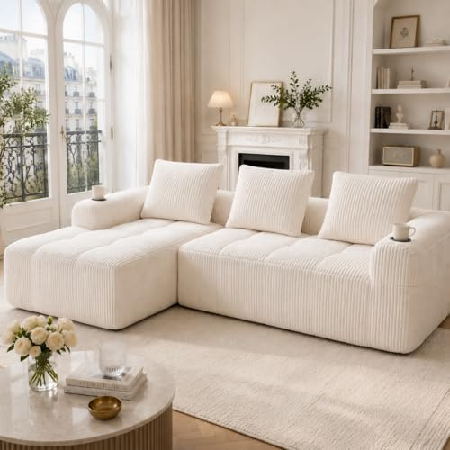 Yihomfy Canapé d'angle convertible, 253 cm, canapé compressé 3 places avec porte-gobelets et poches latérales, canapé modulable en velours côtelé avec méridienne en L pour salon - Aucun montage requis