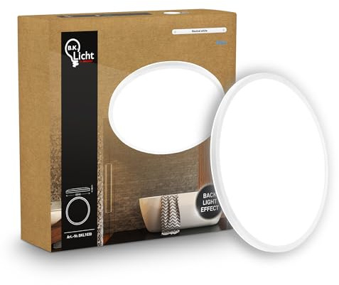 B.K.Licht - Pannello LED piatto con illuminazione indiretta, luce bianco neutro, protezione IP44, plafoniera bagno, plafoniera cucina, lampadario, lampada soffito, 24 x 3 cm, bianco