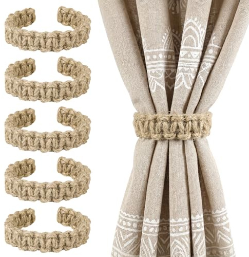 6 stycken boho-gardiner gardinhållare, gardinhållare utan borrning | Flätad gardinomtag för gardiner, lämplig för inomhus- och utomhusbruk, för sovrum och kontor för dekoration