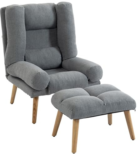 HOMCOM Recliner Chair with Footstool Adjustable Backrest Wooden Legs Grey | Linen-Look Fabric, Recliner Armchair, Thick Cushion, Reclining Chair, Living Room, Bedroom