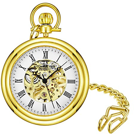 Stuhrling Original Men's Pocket Watch Stainless Steel Analog Skeleton Watch Hand Wind Mechanical Movement Stainless Steel Chain (Silver) (Gold)