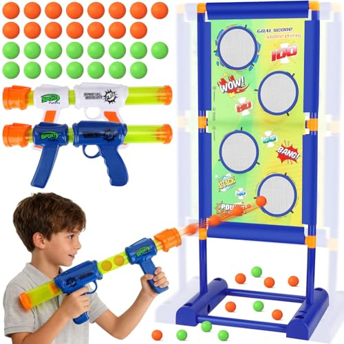 deAO Juegos de Pistola de Espuma de Juguete, Juguete para Tiro en Movimiento con 2 Pistolas de Aire Comprimido y 30 Bolas de Espuma, Juego de Actividades en Interiores y Exteriores para Niños