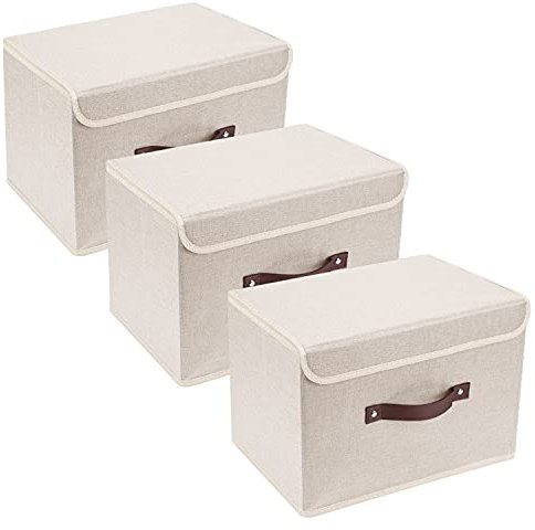 TYEERS Collapsible Storage Box with Lid, Fabric Storage Box for Clothes, Wardrobe Storage, 38x25x25 cm, Set of 3, Beige