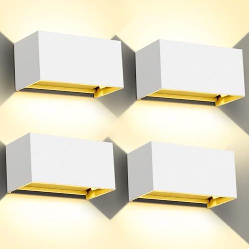 Kingwen 20W LED Wandleuchten Innen/Aussen 4 Stücke Aussenleuchten 3000K Warmweiss LED Aussenlampen Rechteckig Verstellbar Abstrahlwinkel Up Down Wandleuchte IP65 Wasserdichte (Weiß)
