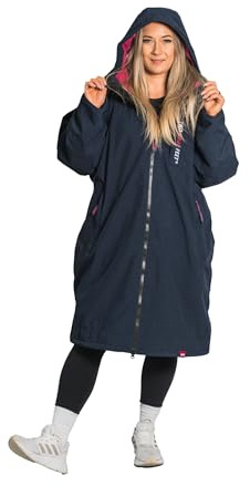 Two Bare Feet Waterproof Changing Robe with Changing Mat for Kids & Adults, Hooded Sherpa Fleece Lined, Windproof Outdoor Coat for Swimming, Surfing, Beach (Medium, Navy/Raspberry)
