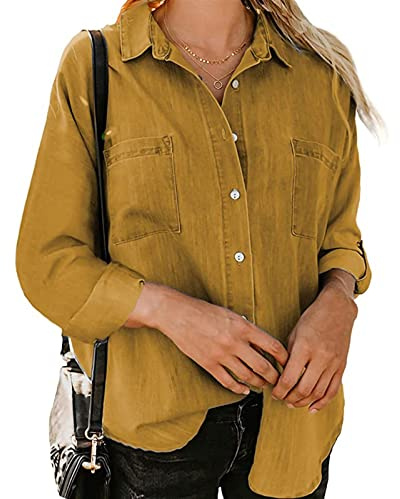 Sawmew Jeansskjorta Långärmad Jeansblus Med Knäppning För Kvinnor Mode Vår Höst Lätt Jeansjacka Med Fickor (Color : Yellow, Size : 3XL)