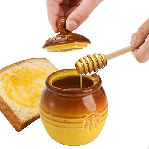 SHZMJL Porcelain Honey Jar,Ceramic Honey Pot with Wood Dipper and Lid,Small Porcelain Honey Jar,8.8 Oz Yellow Honey Jar Bee Embossed Honey Storage Container for Kitchen
