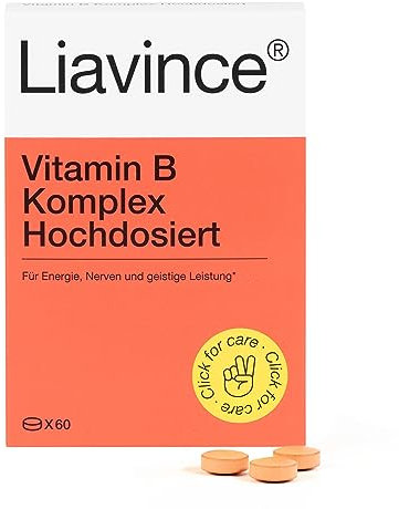 Liavince Vitamin B Komplex Hochdosiert, 60 Tabletten, alle 8 B-Vitamine, laborgeprüft, gut verträglich, vegan, laktose- & glutenfrei, Pantothensäure, Niacin, Vitamin B6, B2, B1, B12, Folsäure, Biotin