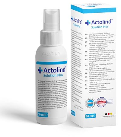 Actolind Solution Plus 50 ml – soluzione antisettica per irrigazione delle ferite. Pulizia e idratazione indolore di ferite acute, croniche, infette e ustioni. Classe CE III secondo MPG. Con PHMB.